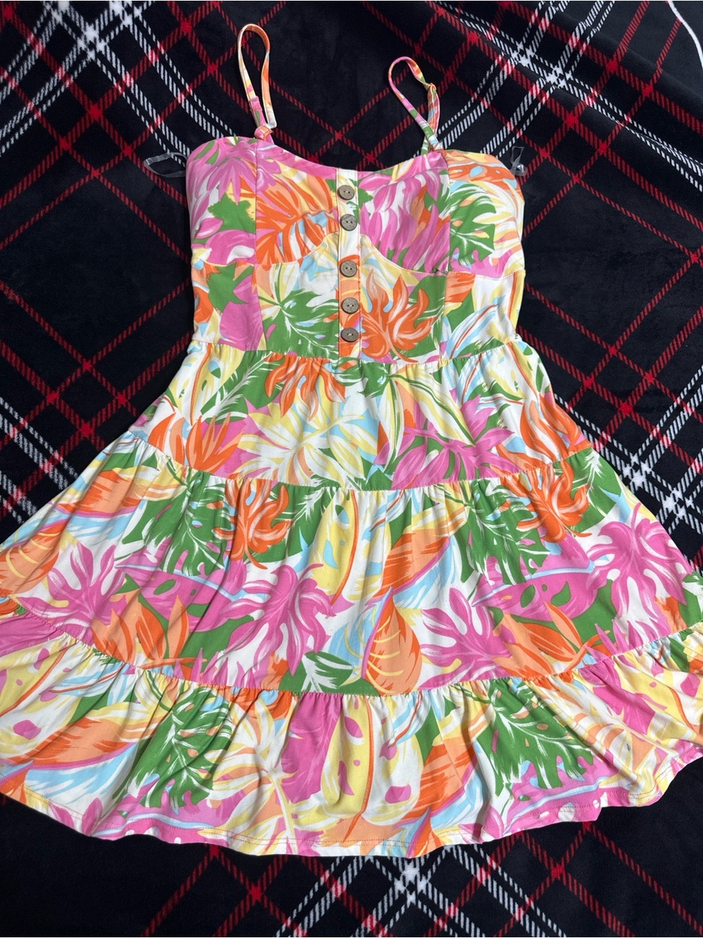 Tropical Tiered Midi Sundress in Pink, Orange & Green